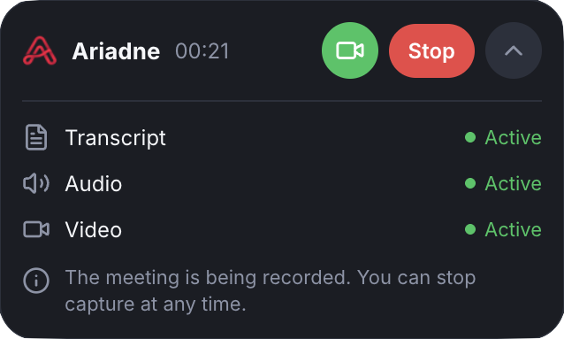 Ariadne recording banner in a Google Meet call