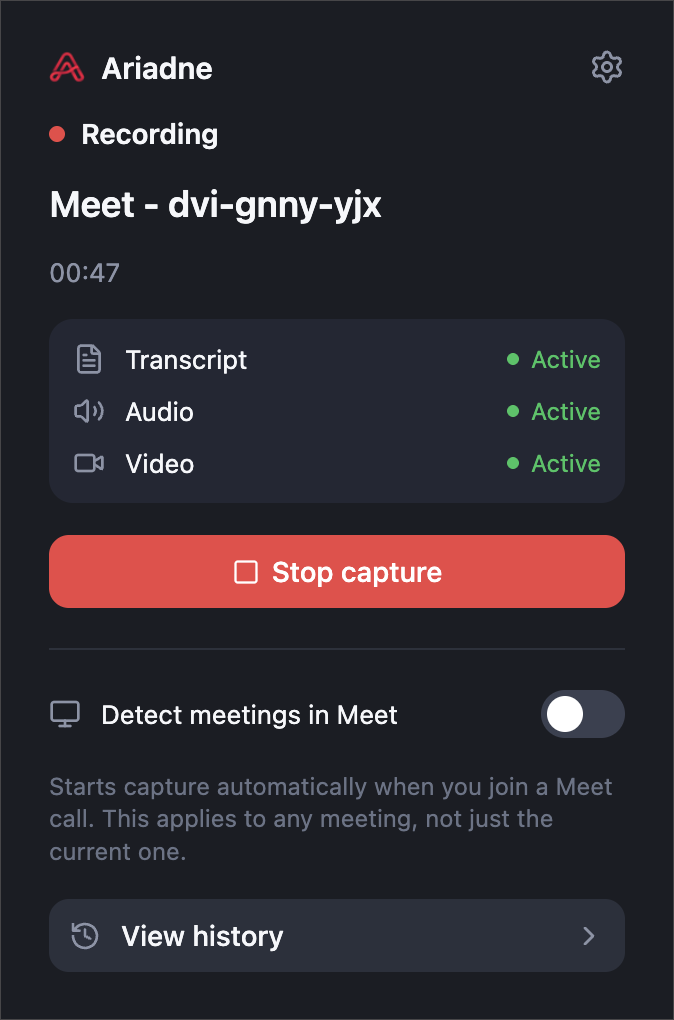 Ariadne recording controls in the extension popup